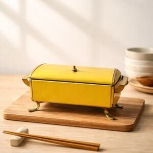 Mid-Century Modern Anchor Hocking Fire King Yellow Enamel Chafing Buffet Dish